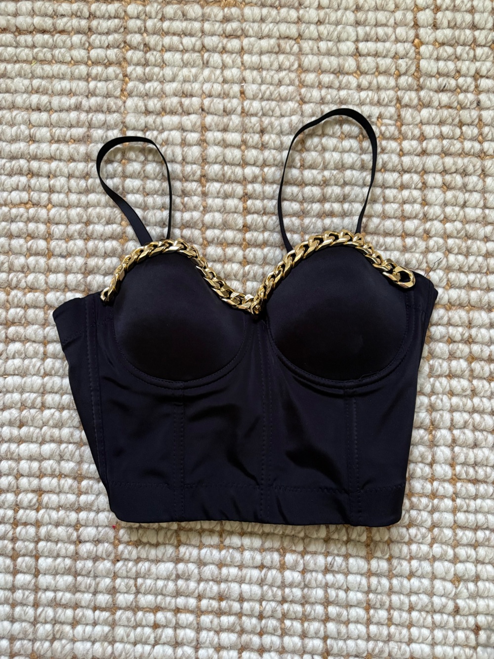 Black Bustier Top with Gold Chain Trim